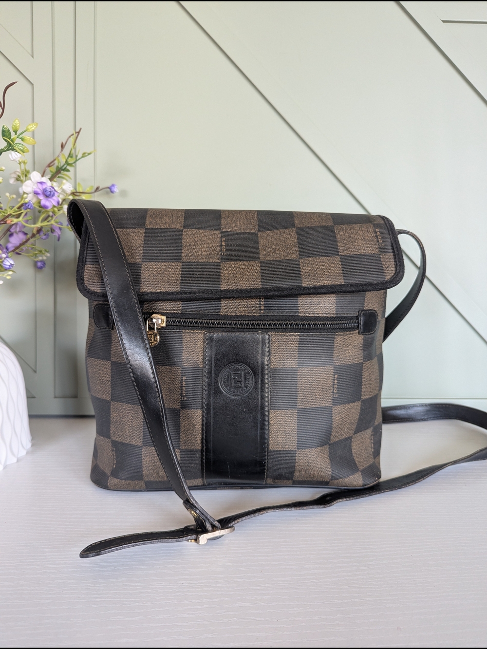 Fendi Brown and Black Checkerboard Crossbody Bag - Picture 3 of 17